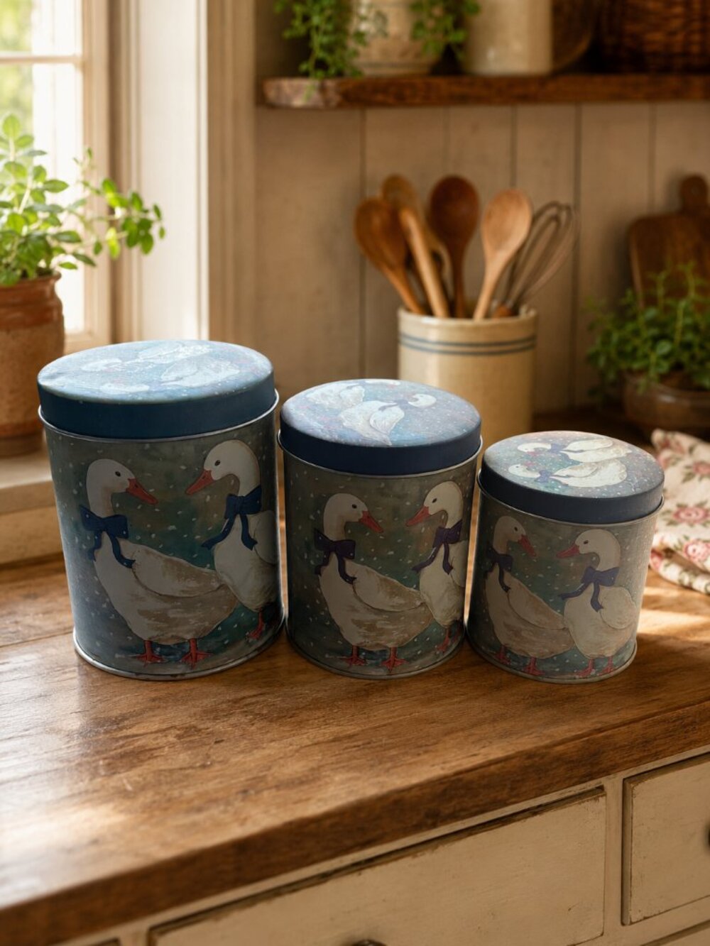 Set of 3 Vintage Goose Kitchen Canisters Cottagecore Tins